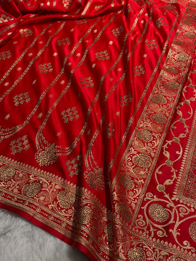 Red Floral Boota Pattern With Banaras Swarovski Stone Work Satin Katan Silk saree BSK39