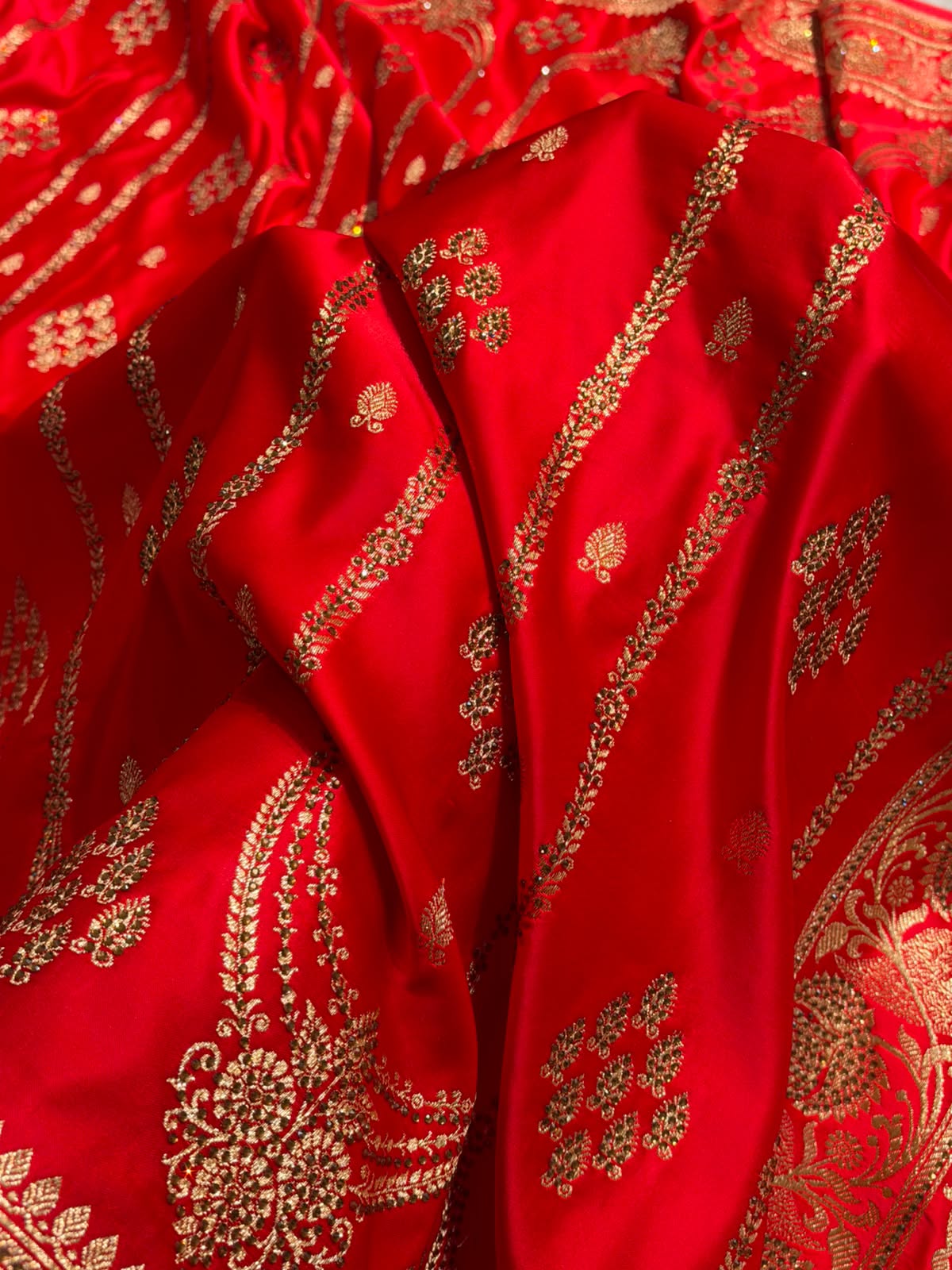Red Floral Boota Pattern With Banaras Swarovski Stone Work Satin Katan Silk saree BSK39