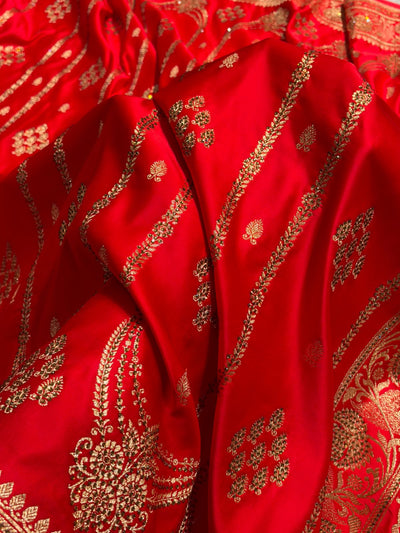 Red Floral Boota Pattern With Banaras Swarovski Stone Work Satin Katan Silk saree BSK39