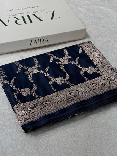 Navy Blue Shades Banarasi With Floral Border Mashru Silk Saree MSM-127