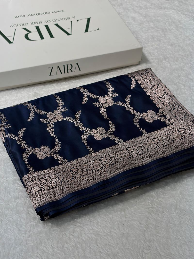 Navy Blue Shades Banarasi With Floral Border Mashru Silk Saree MSM-127