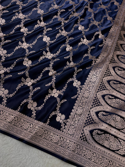Navy Blue Shades Banarasi With Floral Border Mashru Silk Saree MSM-127