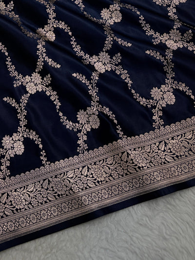 Navy Blue Shades Banarasi With Floral Border Mashru Silk Saree MSM-127