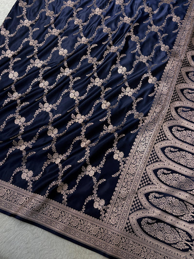 Navy Blue Shades Banarasi With Floral Border Mashru Silk Saree MSM-127