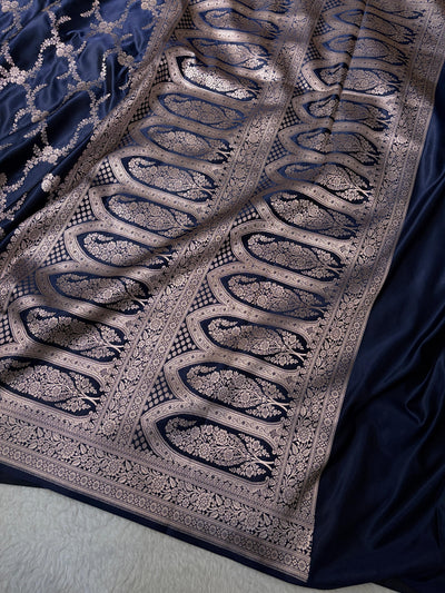 Navy Blue Shades Banarasi With Floral Border Mashru Silk Saree MSM-127
