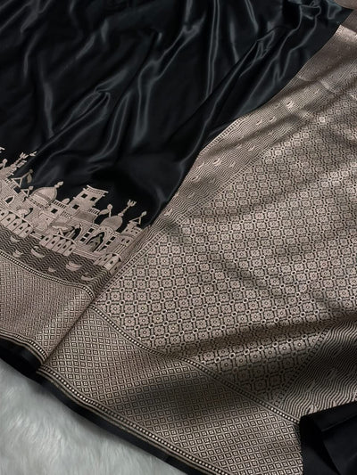 Black Shades Ghat Pattern Satin Katan Silk Saree MSM-144