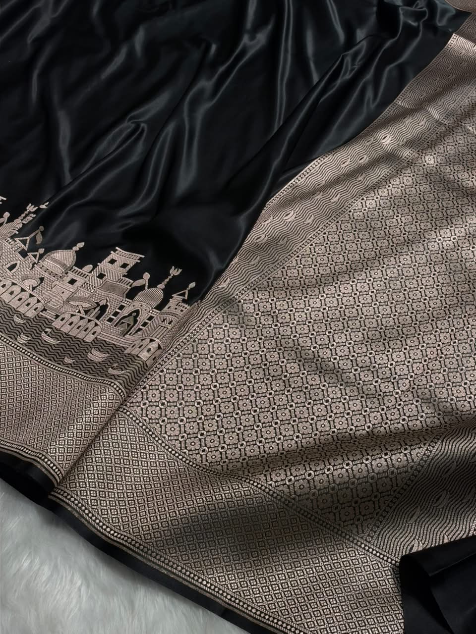 Black Shades Ghat Pattern Satin Katan Silk Saree MSM-144