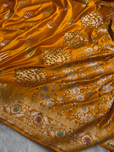 Yellow Shades Banarasi Boota Pattern Minakari Floral Mashru Silk Saree MSM-122