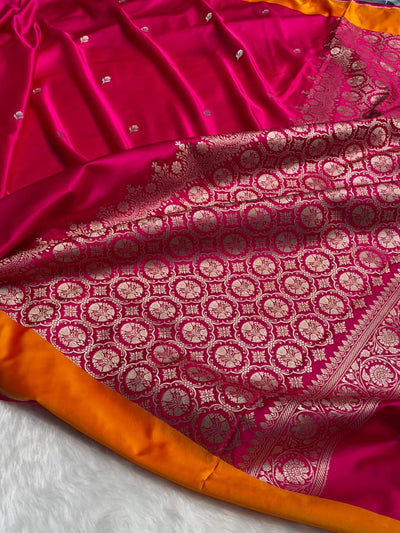 Pink With Yellow Shades Border Banarasi Booti Pattern Mashru Silk Saree MSM-141