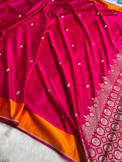 Pink With Yellow Shades Border Banarasi Booti Pattern Mashru Silk Saree MSM-141