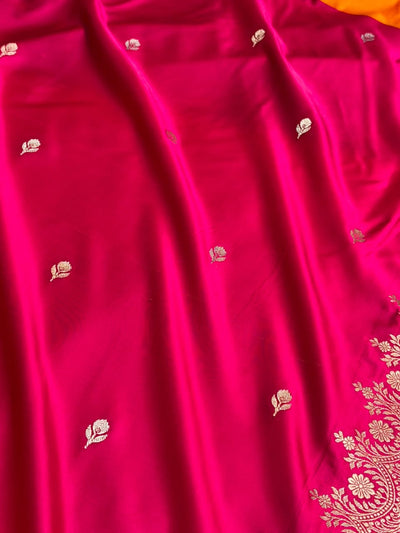 Pink With Yellow Shades Border Banarasi Booti Pattern Mashru Silk Saree MSM-141
