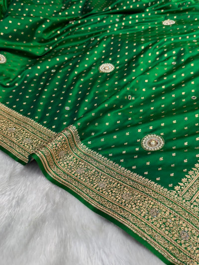Bridal Green Satin Katan Silk With Zardozy And Mooti Work BSK88