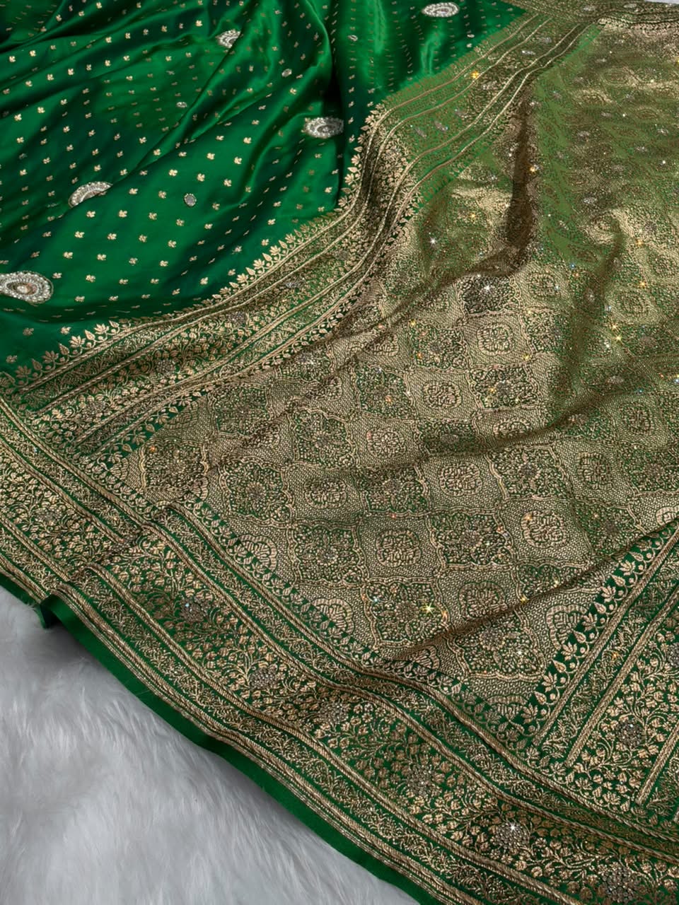 Bridal Green Satin Katan Silk With Zardozy And Mooti Work BSK88