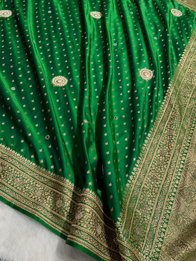 Bridal Green Satin Katan Silk With Zardozy And Mooti Work BSK88