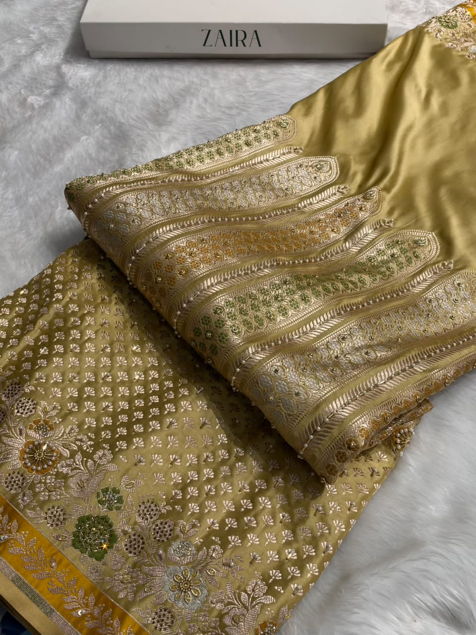Bridal Beige Skirt Pattern Mashru Silk Saree With Ari And Stone Work BMSM-83