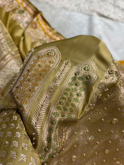 Bridal Beige Skirt Pattern Mashru Silk Saree With Ari And Stone Work BMSM-83