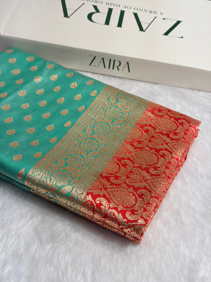 Satin Silk Booti in Sea Green With Red Shades SS01