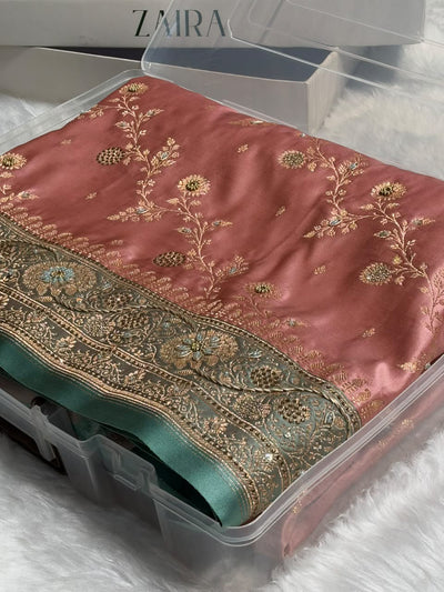 Peach and Sea Green Contrast Banarasi Satin Katan Saree With Aari Zardozi Work Boota in Cross Peach Shades BSK157