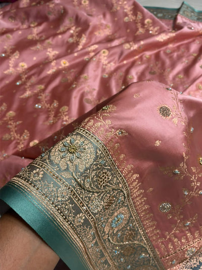 Peach and Sea Green Contrast Banarasi Satin Katan Saree With Aari Zardozi Work Boota in Cross Peach Shades BSK157