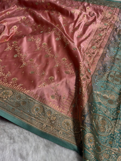 Peach and Sea Green Contrast Banarasi Satin Katan Saree With Aari Zardozi Work Boota in Cross Peach Shades BSK157