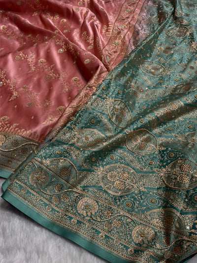Peach and Sea Green Contrast Banarasi Satin Katan Saree With Aari Zardozi Work Boota in Cross Peach Shades BSK157