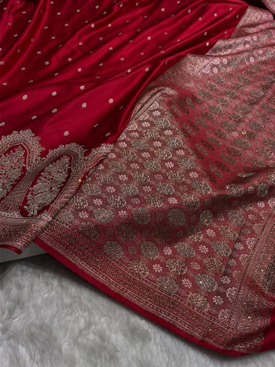 Banarasi Bridal Skirt Border Pattern in maroon Shades Floral Mashru Silk Saree BMCS94