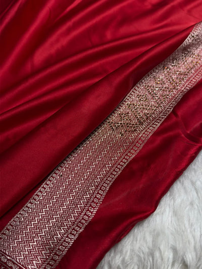 Banarasi Bridal Skirt Border Pattern in maroon Shades Floral Mashru Silk Saree BMCS94