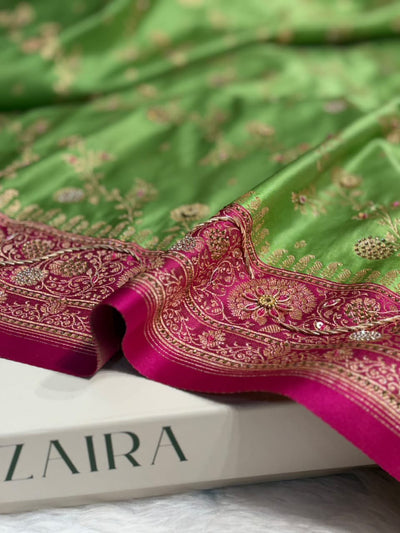 Pista Green and Rani Pink Contrast Banarasi Satin Katan Saree With Aari Zardozi Work Boota in Cross Dusty Blue Shades BSK157