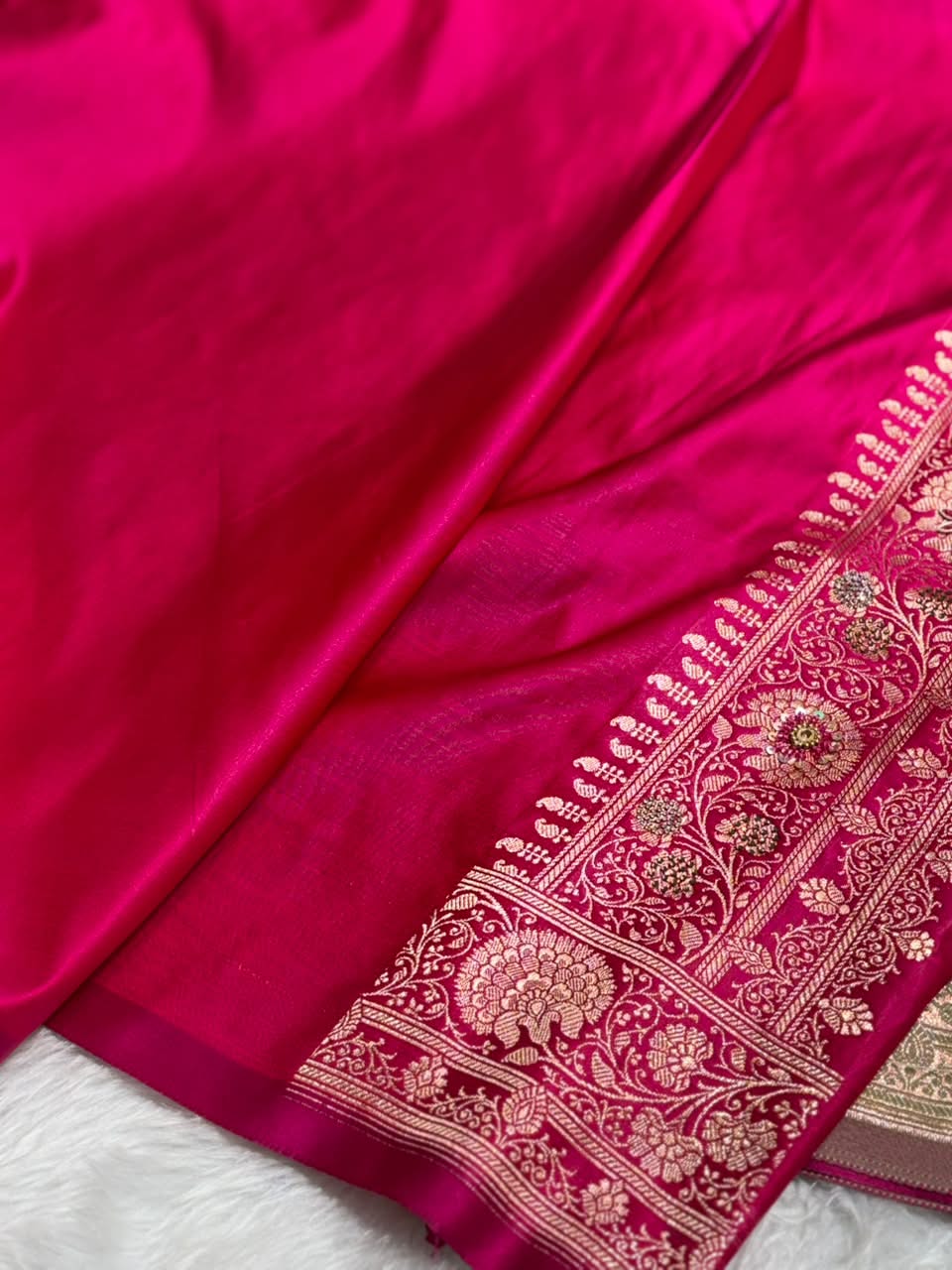 Pista Green and Rani Pink Contrast Banarasi Satin Katan Saree With Aari Zardozi Work Boota in Cross Dusty Blue Shades BSK157