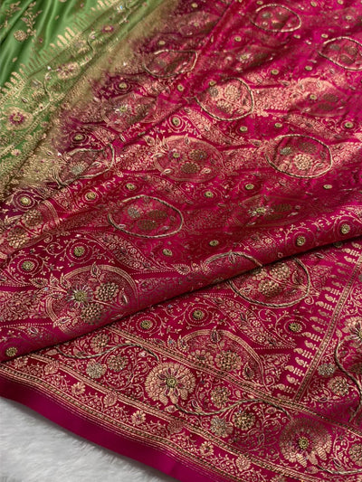 Pista Green and Rani Pink Contrast Banarasi Satin Katan Saree With Aari Zardozi Work Boota in Cross Dusty Blue Shades BSK157
