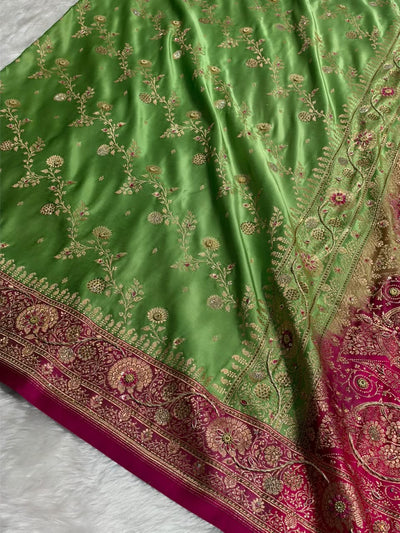 Pista Green and Rani Pink Contrast Banarasi Satin Katan Saree With Aari Zardozi Work Boota in Cross Dusty Blue Shades BSK157