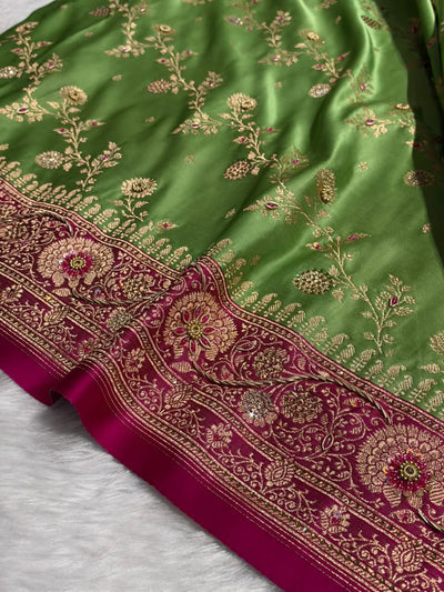 Pista Green and Rani Pink Contrast Banarasi Satin Katan Saree With Aari Zardozi Work Boota in Cross Dusty Blue Shades BSK157