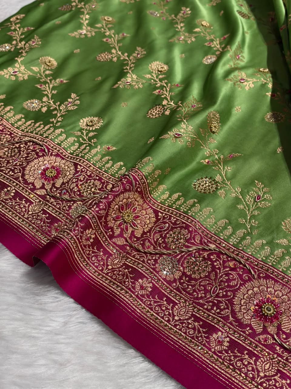 Pista Green and Rani Pink Contrast Banarasi Satin Katan Saree With Aari Zardozi Work Boota in Cross Dusty Blue Shades BSK157
