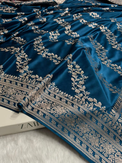 Banarasi Cross pattern in Peacock Shades Mashru silk saree MCS113
