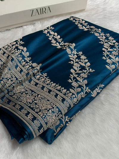Banarasi Cross pattern in Peacock Shades Mashru silk saree MCS113