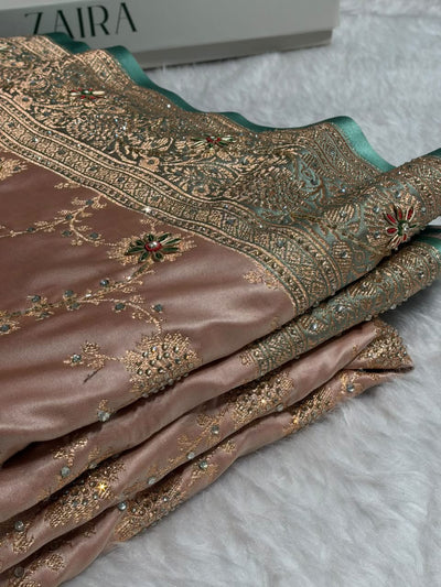 Banarasi Satin Katan With Ari Stone Work Saree in Contrast Peach / Turquoise Shade BSK132