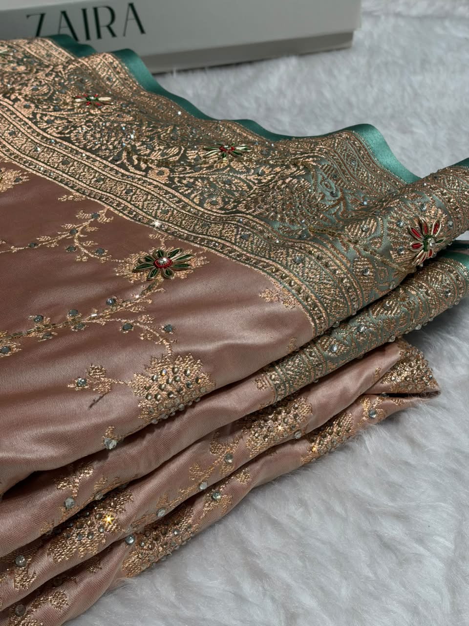 Banarasi Satin Katan With Ari Stone Work Saree in Contrast Peach / Turquoise Shade BSK132