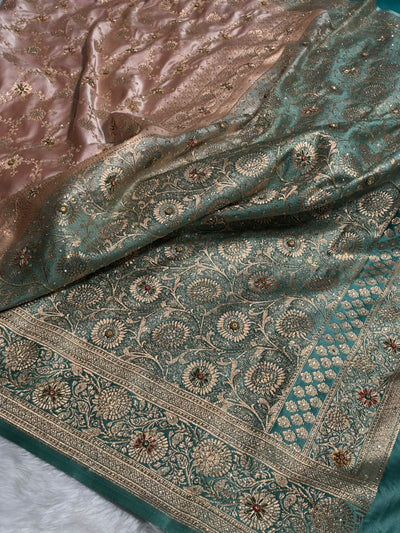 Banarasi Satin Katan With Ari Stone Work Saree in Contrast Peach / Turquoise Shade BSK132