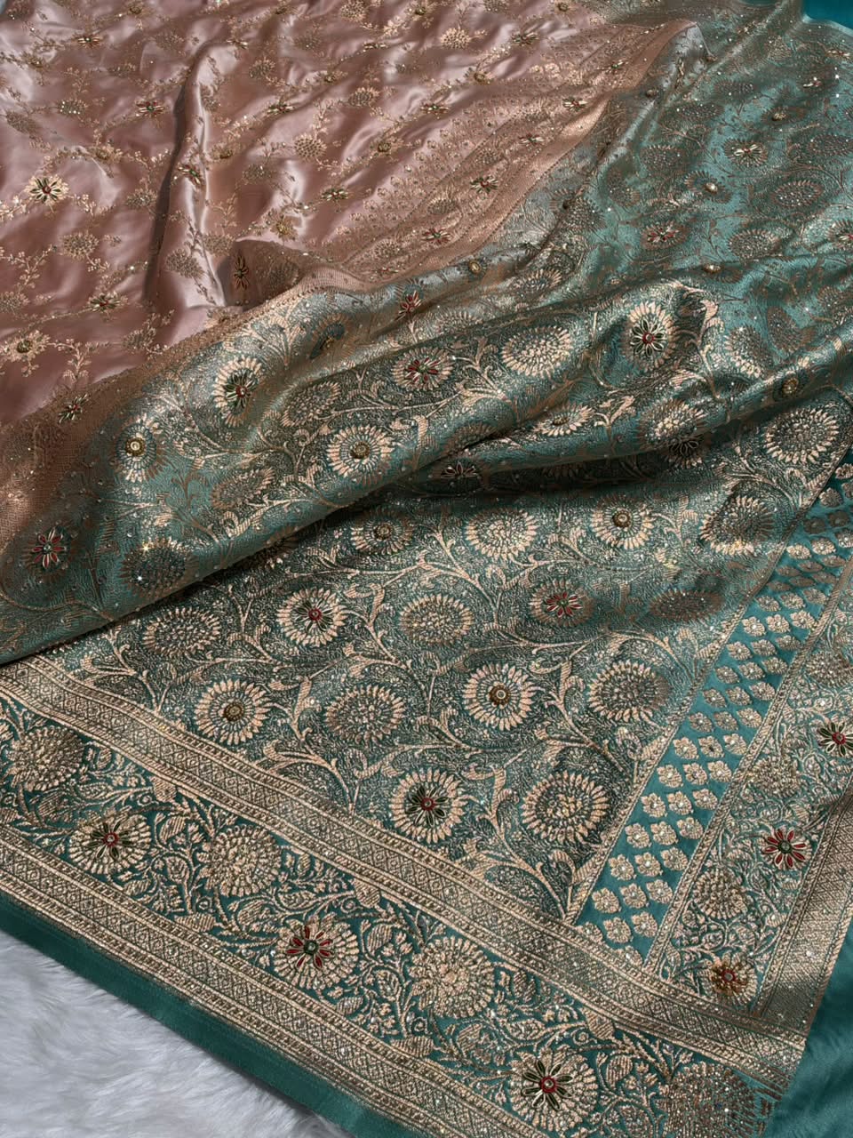 Banarasi Satin Katan With Ari Stone Work Saree in Contrast Peach / Turquoise Shade BSK132