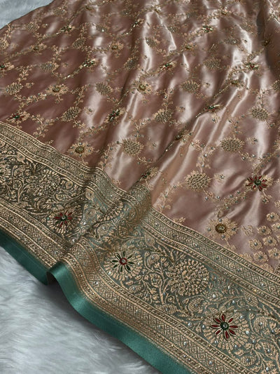 Banarasi Satin Katan With Ari Stone Work Saree in Contrast Peach / Turquoise Shade BSK132