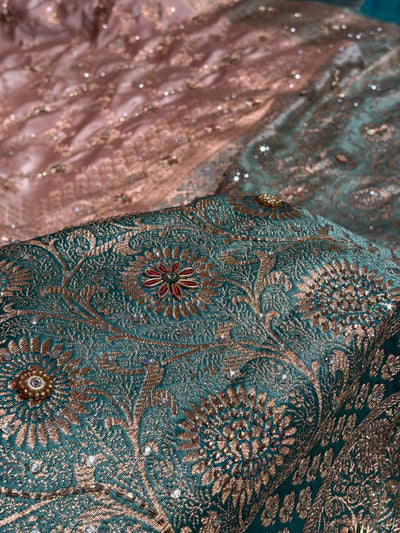 Banarasi Satin Katan With Ari Stone Work Saree in Contrast Peach / Turquoise Shade BSK132