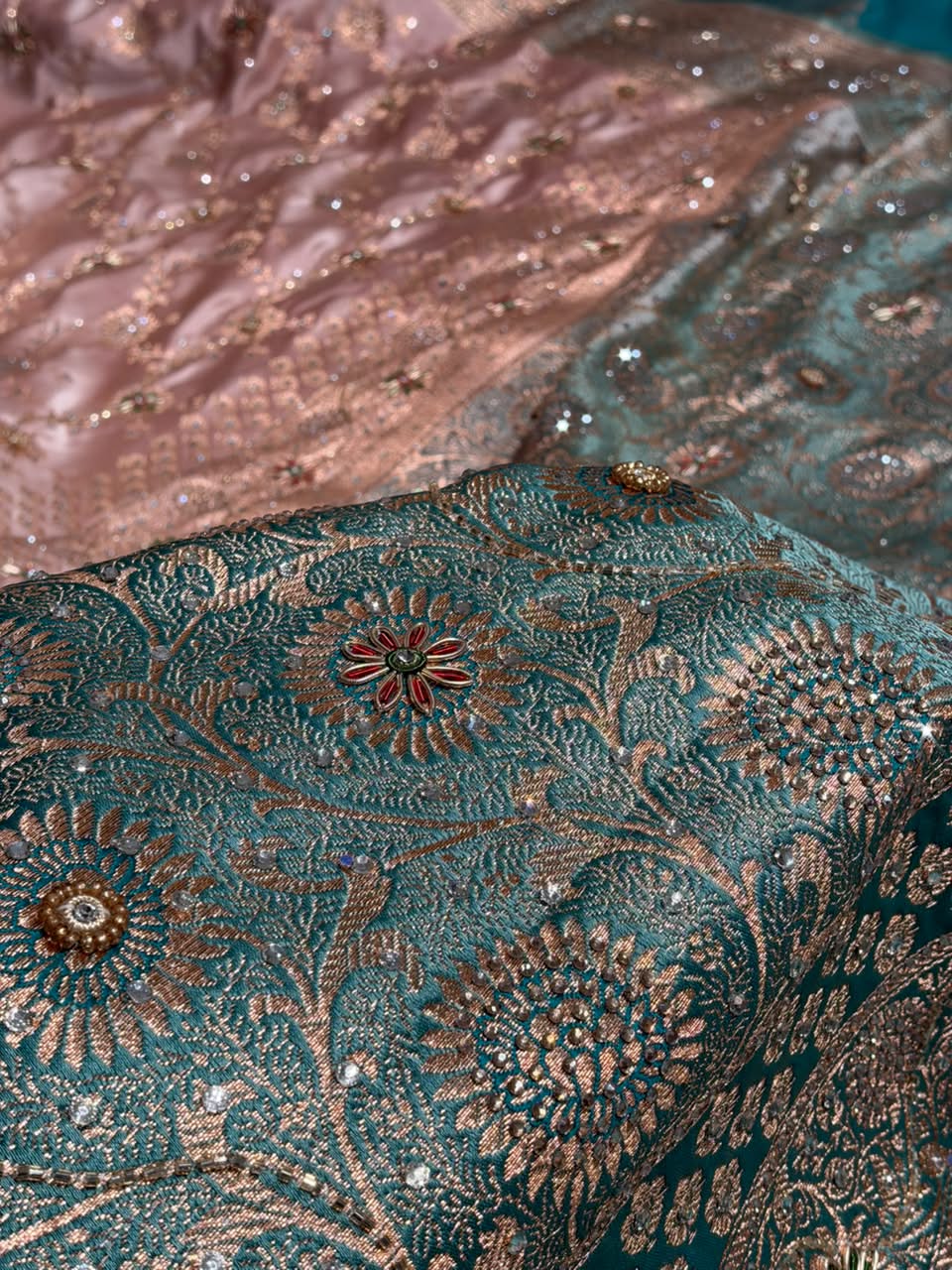 Banarasi Satin Katan With Ari Stone Work Saree in Contrast Peach / Turquoise Shade BSK132