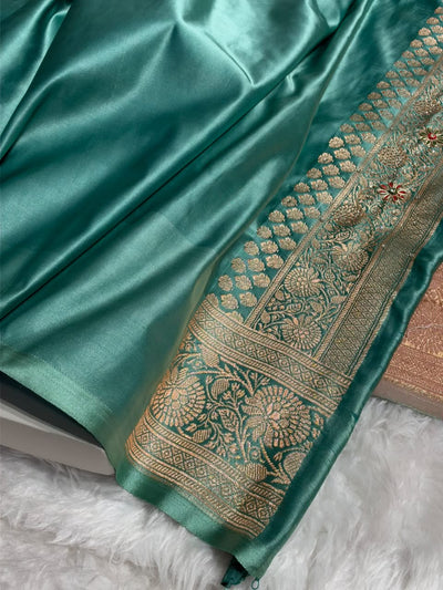 Banarasi Satin Katan With Ari Stone Work Saree in Contrast Peach / Turquoise Shade BSK132