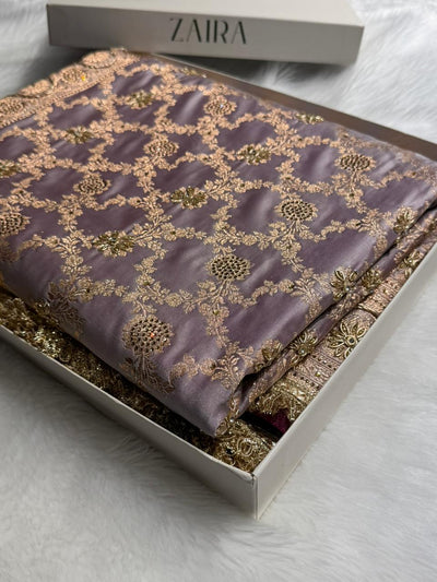 Pastel Grape lavender  Swavroski & Zardozi Work With Gotta Patti Jaal Pattern Satin Katan Silk Saree BSKGP25