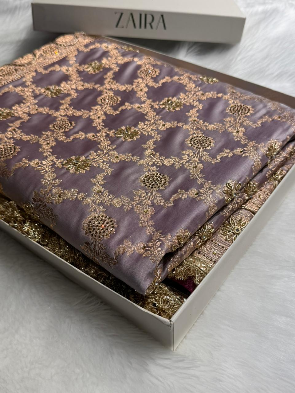 Pastel Grape lavender  Swavroski & Zardozi Work With Gotta Patti Jaal Pattern Satin Katan Silk Saree BSKGP25