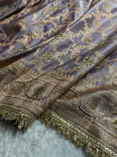 Pastel Grape lavender  Swavroski & Zardozi Work With Gotta Patti Jaal Pattern Satin Katan Silk Saree BSKGP25