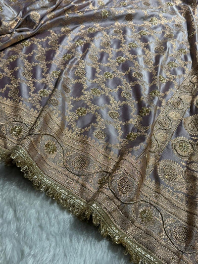 Pastel Grape lavender  Swavroski & Zardozi Work With Gotta Patti Jaal Pattern Satin Katan Silk Saree BSKGP25