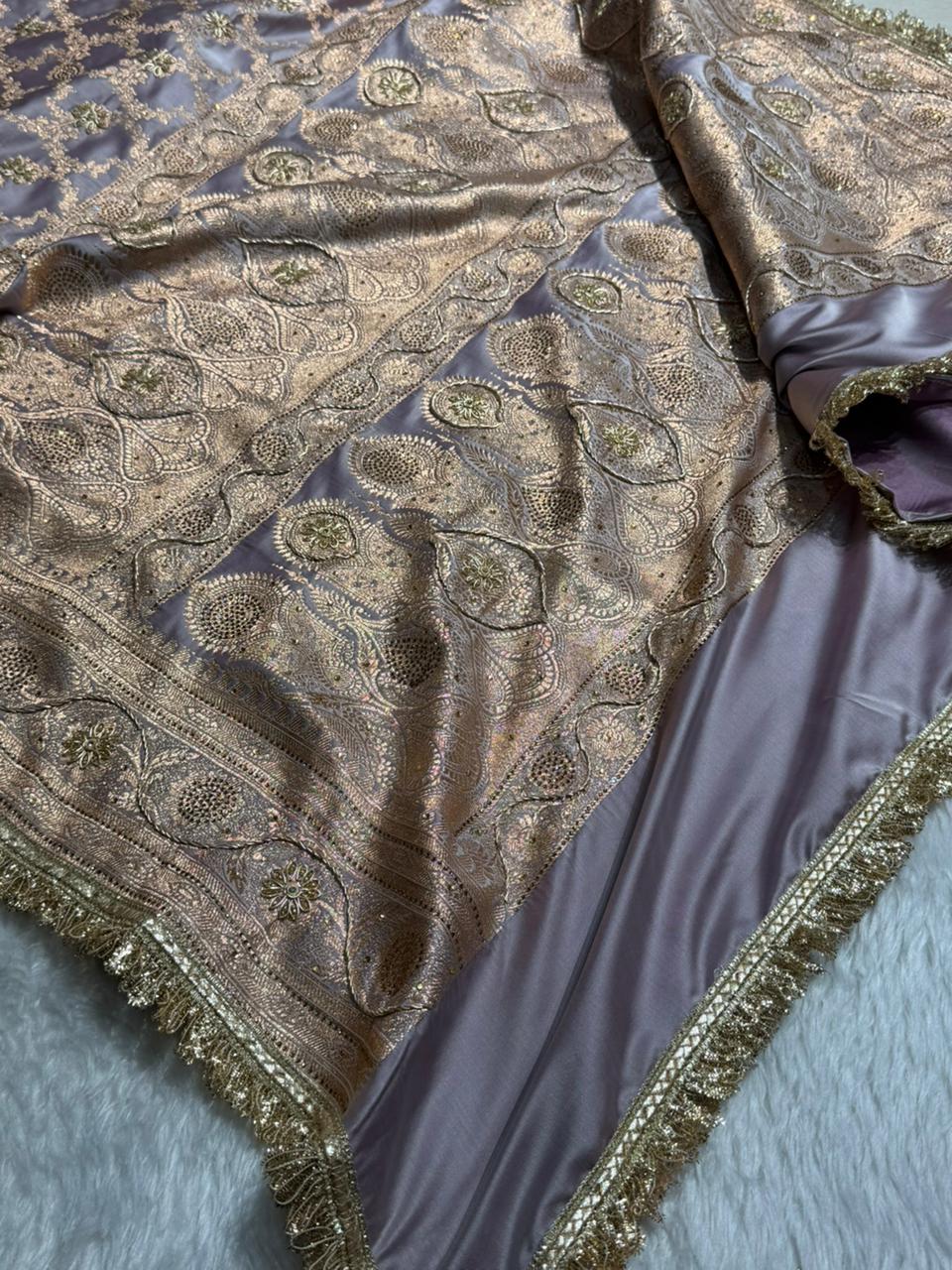 Pastel Grape lavender  Swavroski & Zardozi Work With Gotta Patti Jaal Pattern Satin Katan Silk Saree BSKGP25