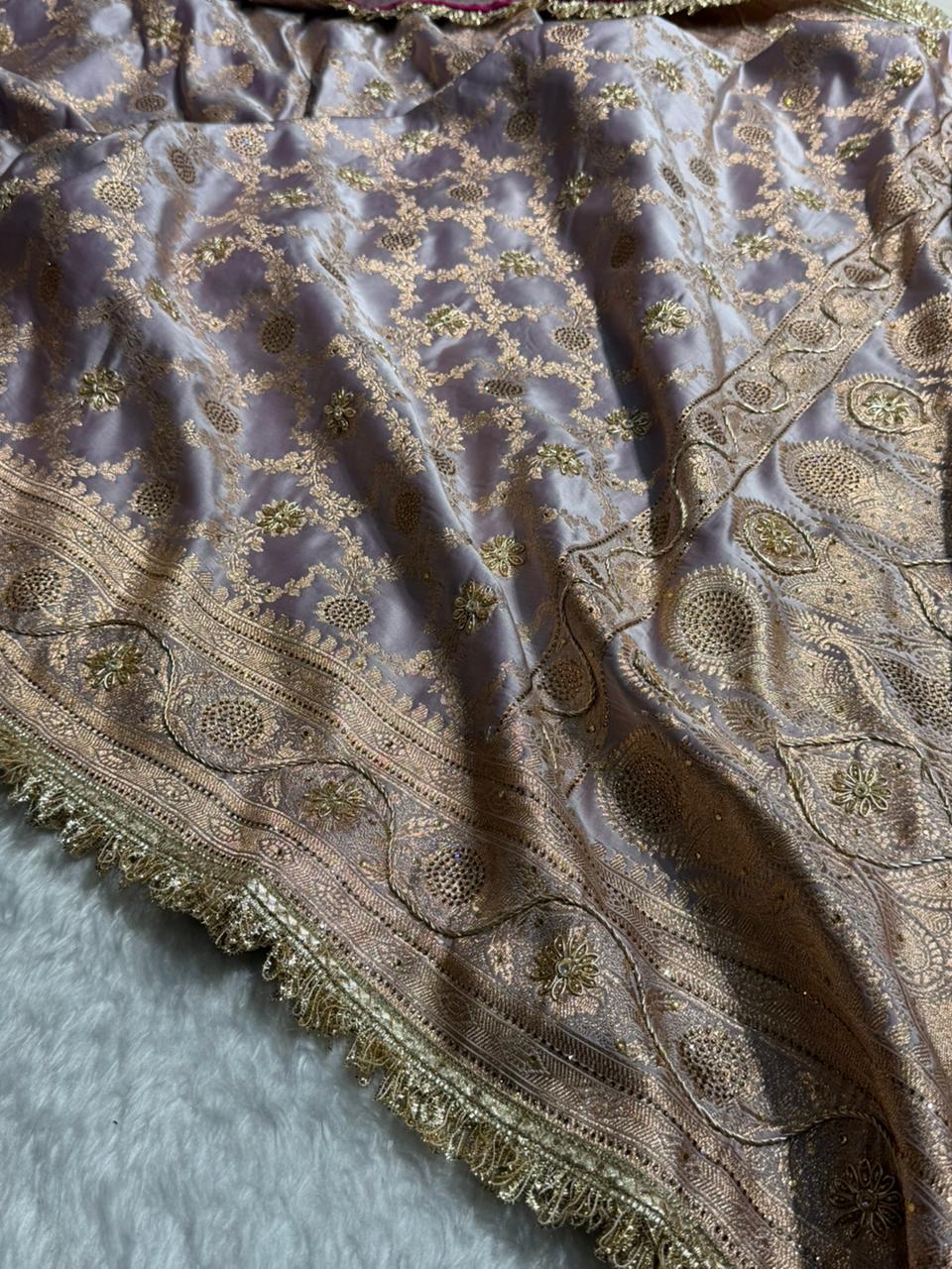 Pastel Grape lavender  Swavroski & Zardozi Work With Gotta Patti Jaal Pattern Satin Katan Silk Saree BSKGP25
