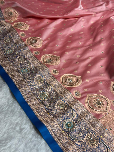 Baby Pink with firozy Contrast Booti With Ari & Zardozi Work Satin Katan Silk saree BSK29